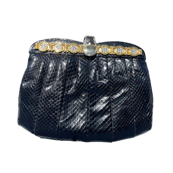 VINTAGE SNAKESKIN PURSE black gold crystals made in Hongkong - Picture 6 of 11